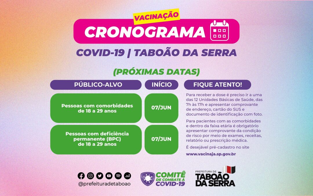 Taboão da Serra vacina a partir de segunda-feira (07) pessoas de 18 a 29 anos com comorbidades e deficiências contra a Covid-19