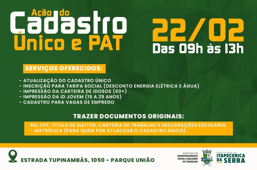 Prefeitura levará Cadastro Único e PAT ao Parque União