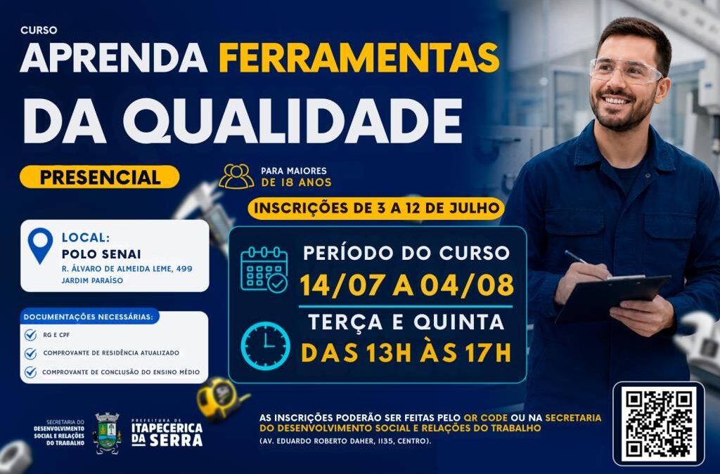 Prefeitura abre inscrições para curso gratuito de Ferramentas da Qualidade em parceria com SENAI e SEBRAE