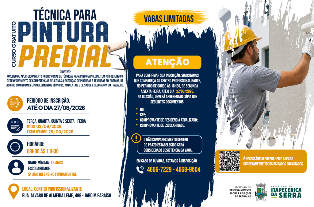 Prefeitura prorroga inscrições para curso de Técnicas para Pintura Predial