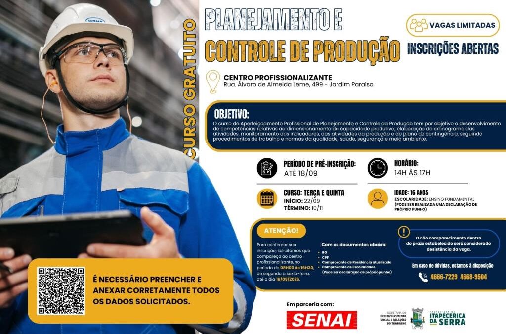 Curso gratuito de Planejamento e Controle da Produção está com inscrições abertas