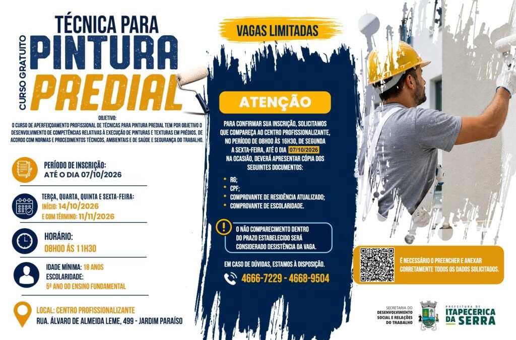 Continuam abertas as inscrições para curso de Técnicas para Pintura Predial